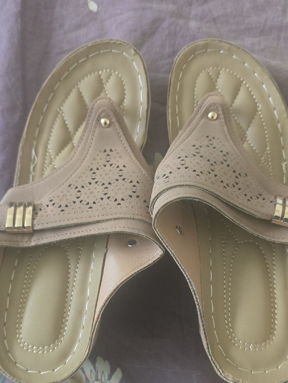 Beige Women's Slide Sandals with Gold Accent